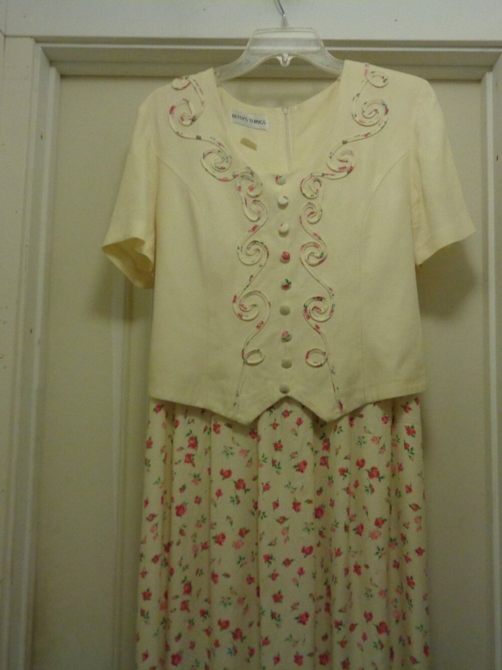 80s 90s YELLOWISH CREAM PINK FLORALS MAXI DRESS L